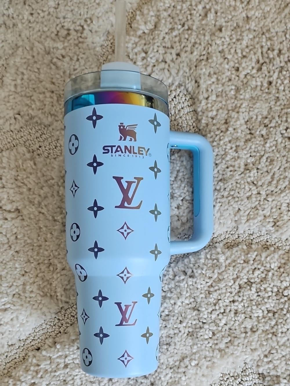Stanley Light Blue Travel Tumbler with Handle and Iridescent Accents